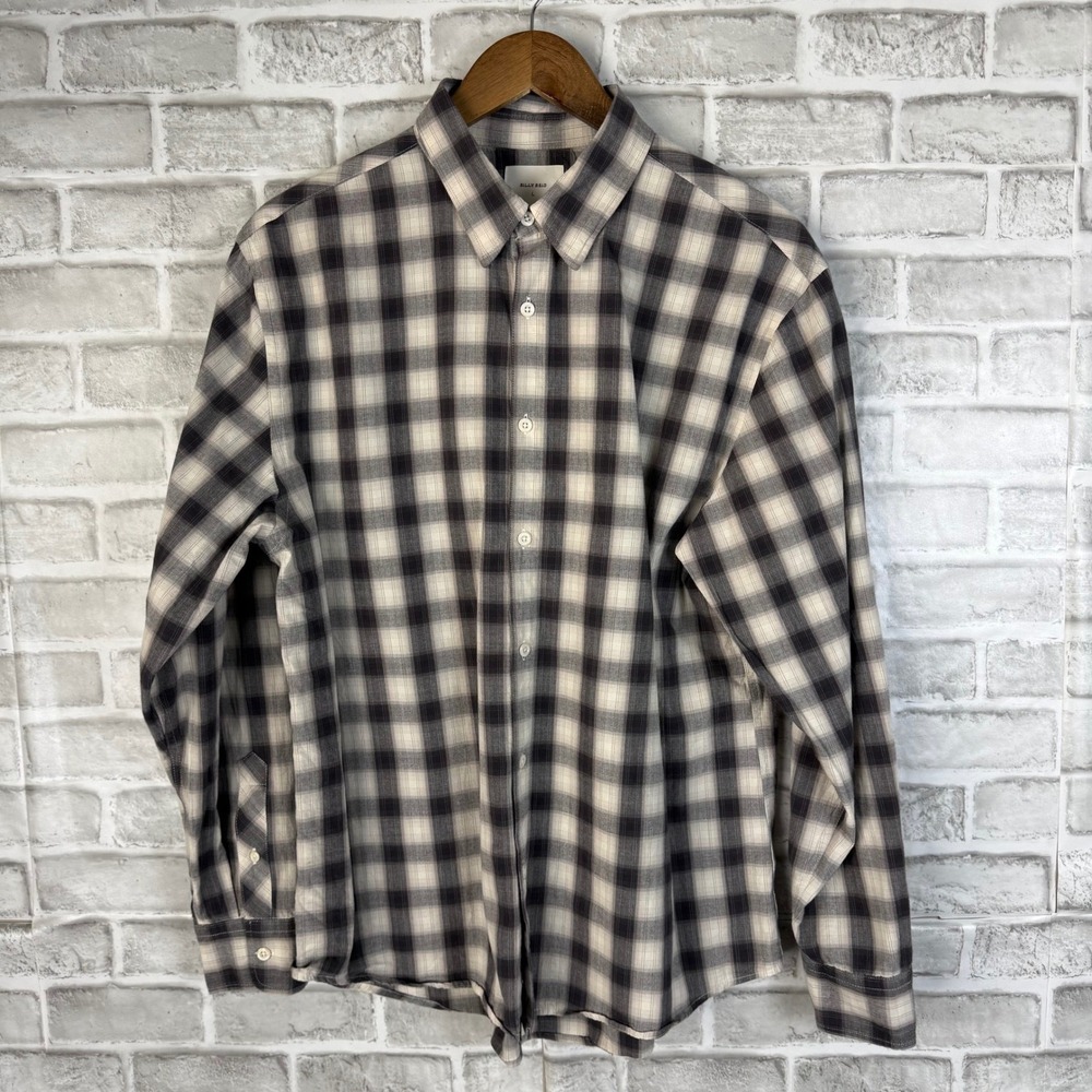 Billy Reid Standard Fit Plaid Button Down Shirt Grey Black Cream Cotton LARGE